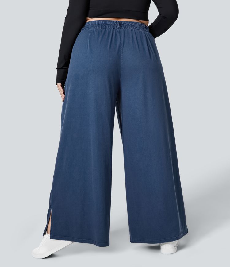 High Waisted Zipper Pocket Hem Wide Leg Casual Plus Size Pants