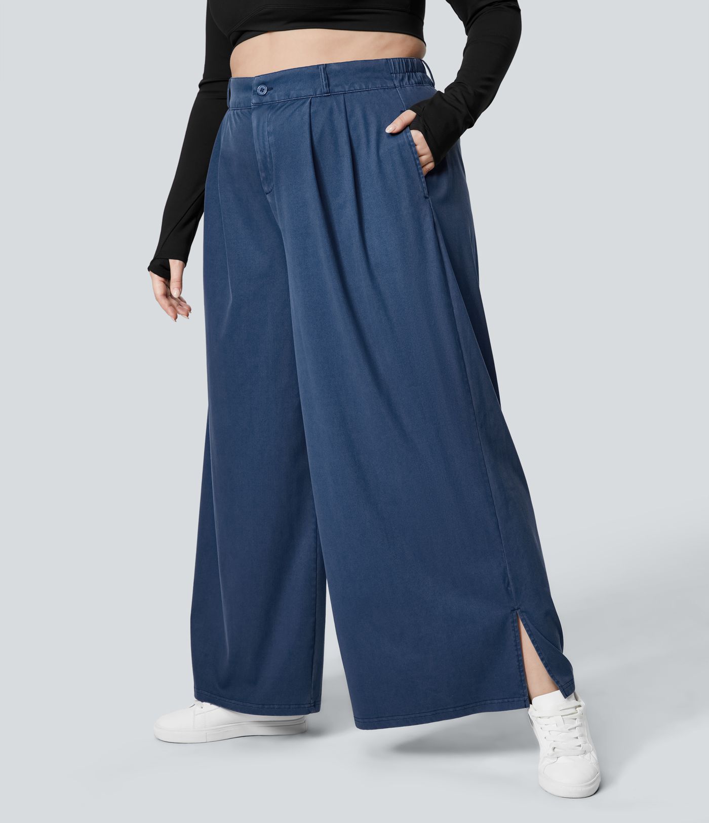 Plus-Size Weite Hose mit hohem Bund, Knopf, Reißverschluss, Seitentaschen und Schlitz am Saum