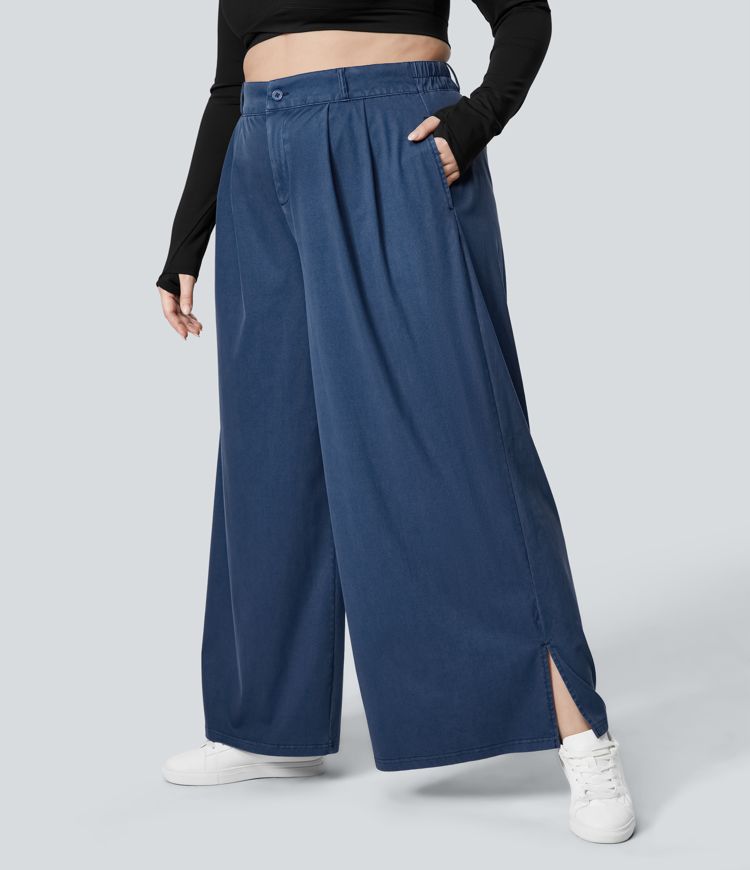 High Waisted Zipper Pocket Hem Wide Leg Casual Plus Size Pants