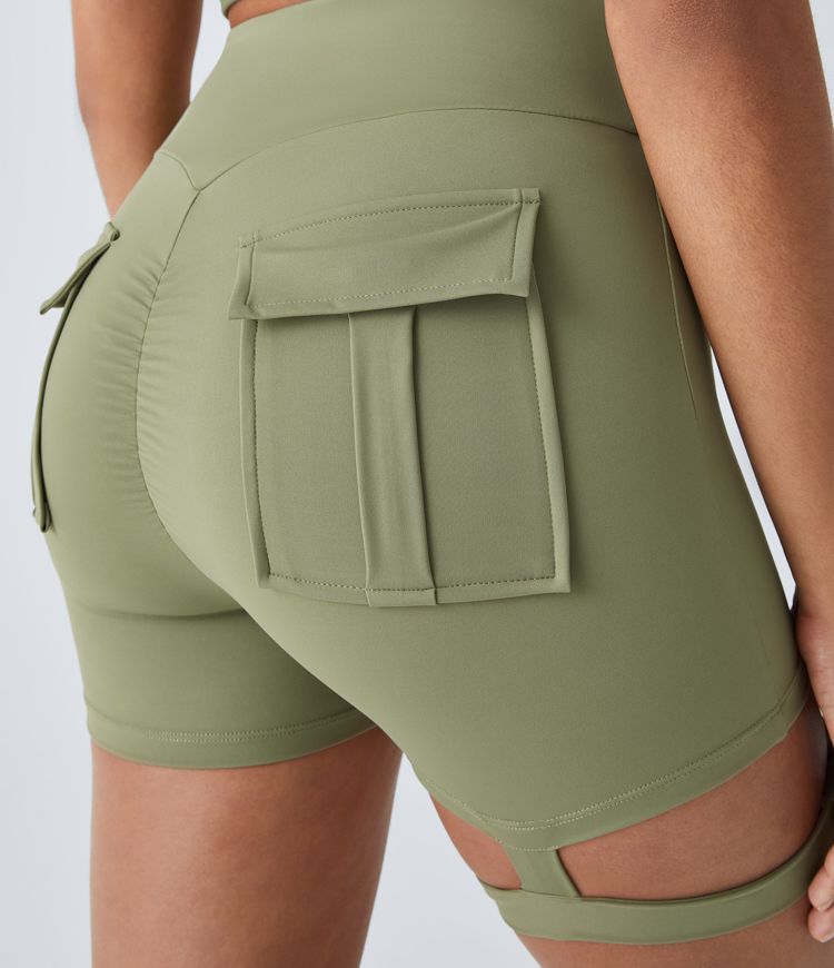 High Waisted Adjustable Buckle Pocket Ruched Yoga Cargo Biker Shorts 3''