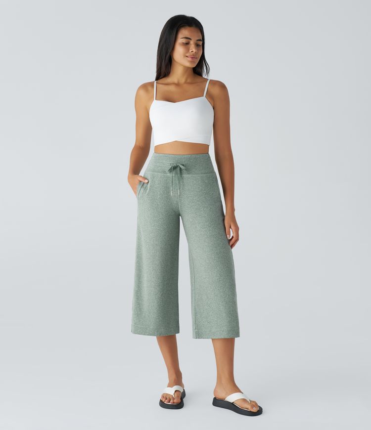 High Waisted Drawstring Pocket Wide Leg Capri Casual Pants