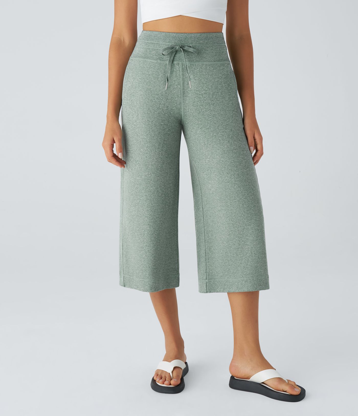 High Waisted Drawstring Pocket Wide Leg Capri Casual Pants