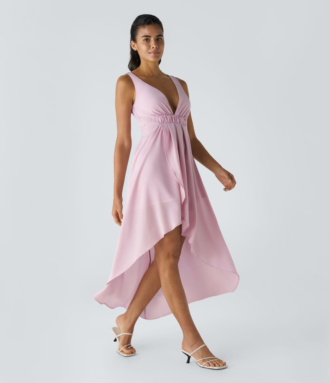 Tiefer V-Ausschnitt Ärmelloses Überkreuz-Saum Hoch-Tief Fließendes Maxi Casual Kleid