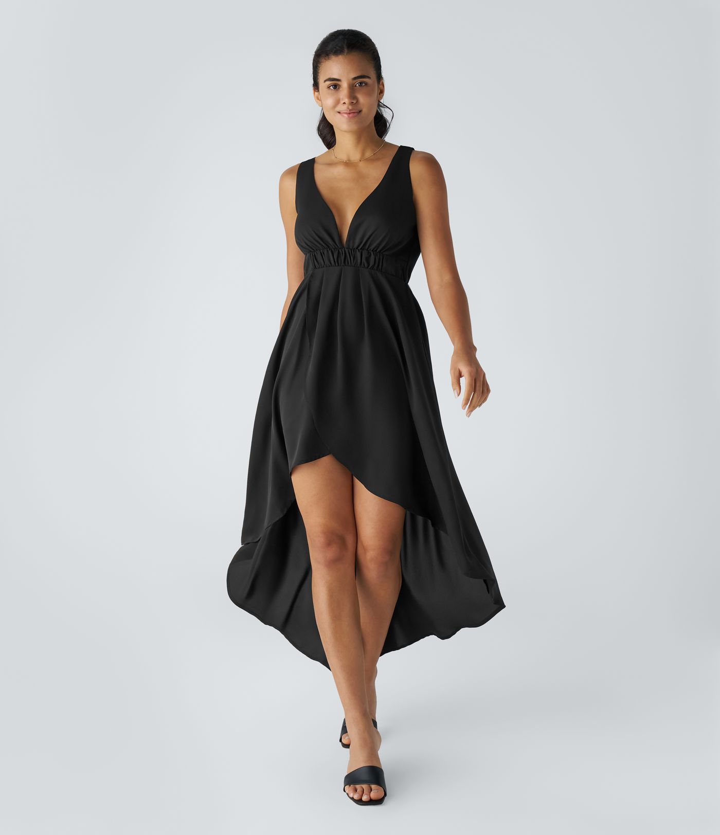 Deep V Neck Sleeveless Crossover Hem High Low Flowy Maxi Casual Dress