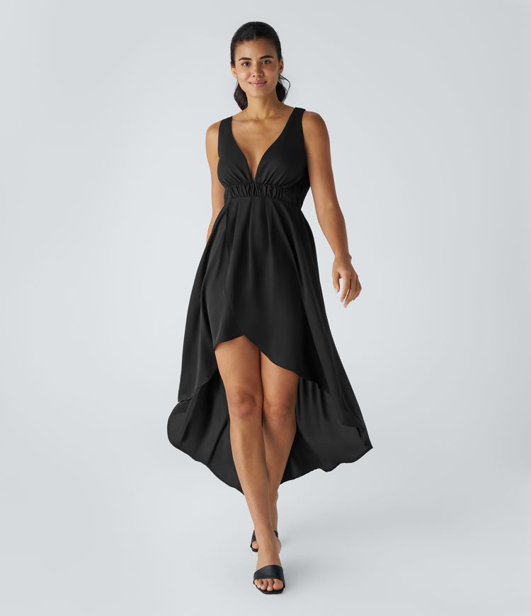 Deep V Neck Sleeveless Crossover Hem High Low Flowy Maxi Casual Dress