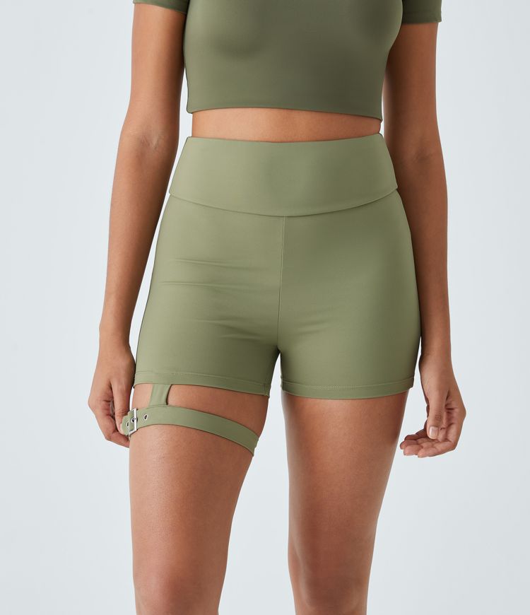 High Waisted Adjustable Buckle Pocket Ruched Yoga Cargo Biker Shorts 3''