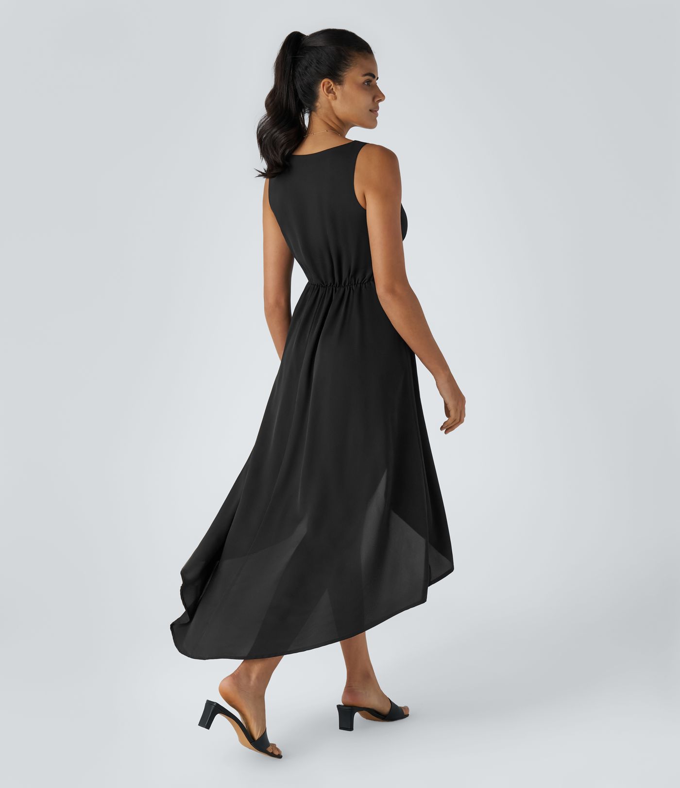 Deep V Neck Sleeveless Crossover Hem High Low Flowy Maxi Casual Dress