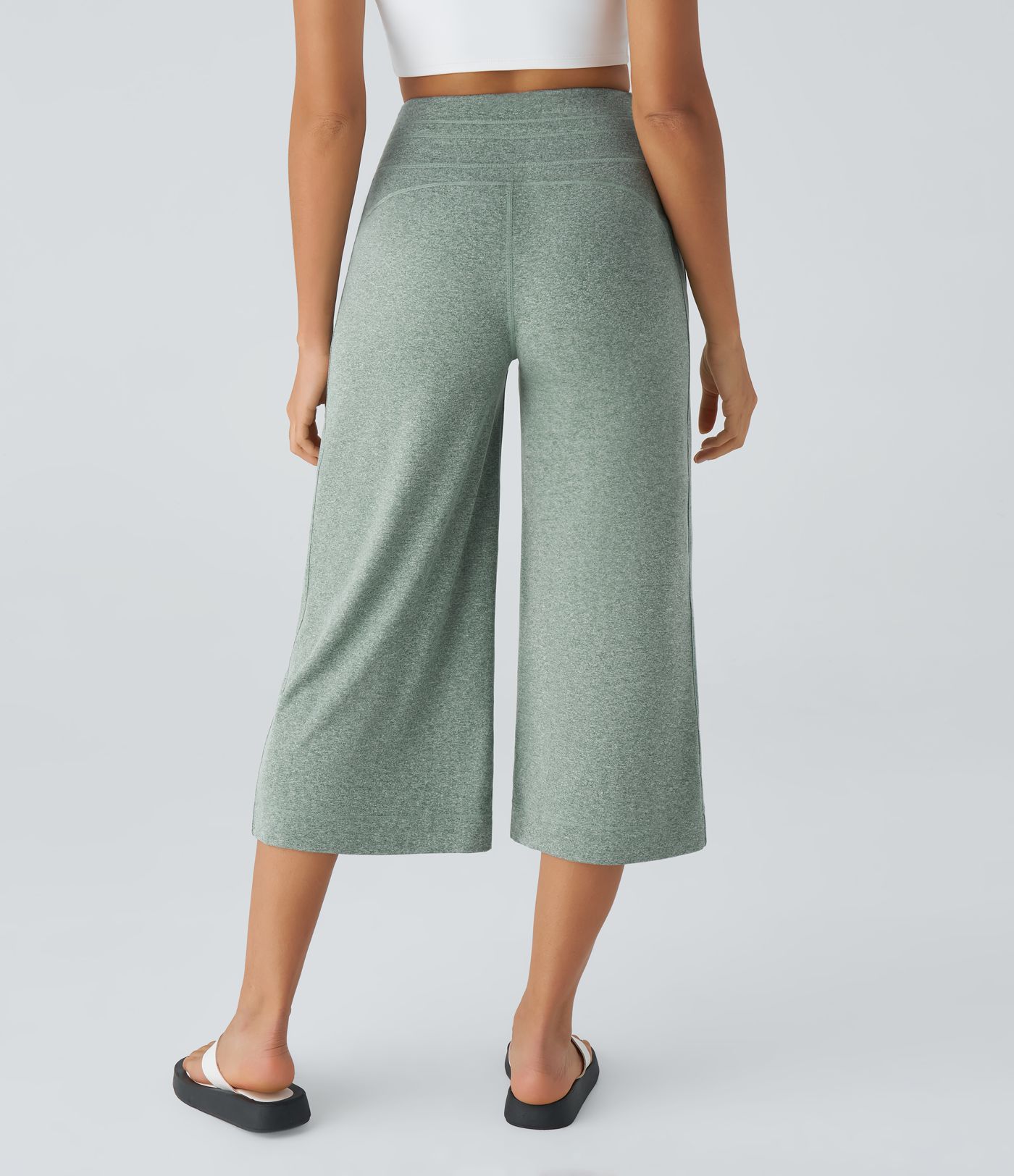 High Waisted Drawstring Pocket Wide Leg Capri Casual Pants