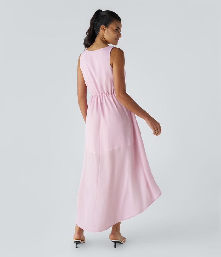 Deep V Neck Sleeveless Crossover Hem High Low Flowy Maxi Casual Dress