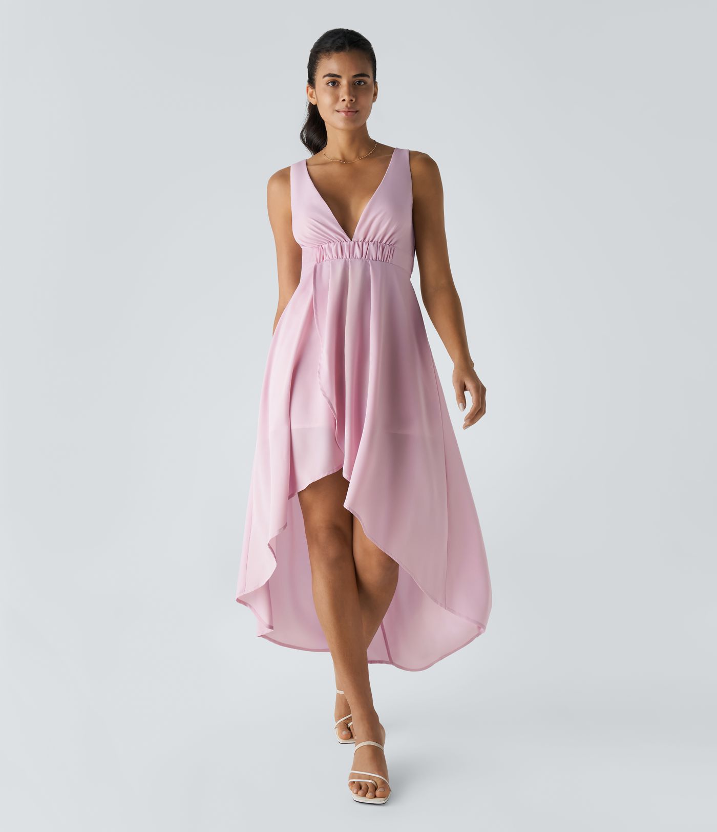 Tiefer V-Ausschnitt Ärmelloses Überkreuz-Saum Hoch-Tief Fließendes Maxi Casual Kleid