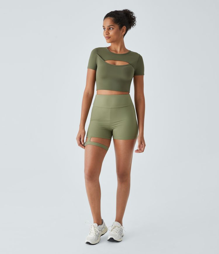 High Waisted Adjustable Buckle Pocket Ruched Yoga Cargo Biker Shorts 3''