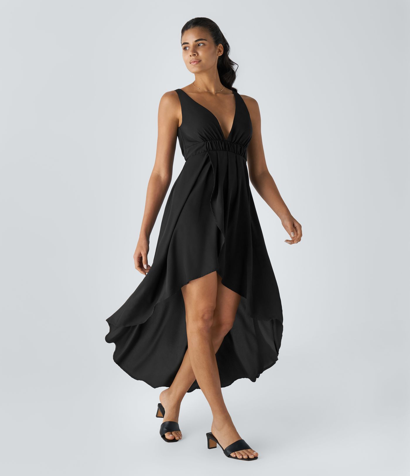 Deep V Neck Sleeveless Crossover Hem High Low Flowy Maxi Casual Dress