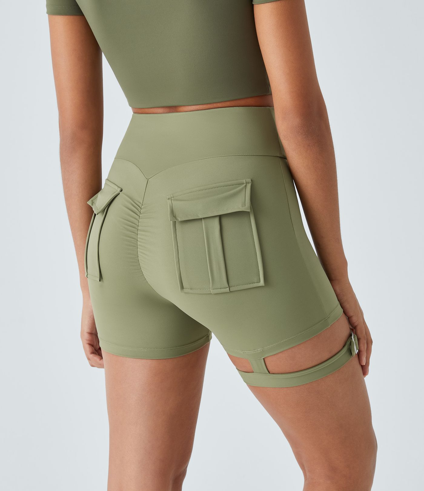 High-Waist verstellbare Schnalle Taschen geraffte Yoga Cargo Biker Shorts 3''