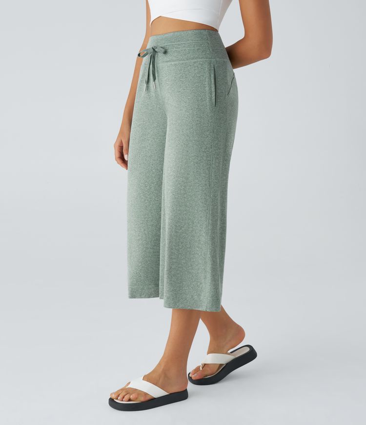 High Waisted Drawstring Pocket Wide Leg Capri Casual Pants