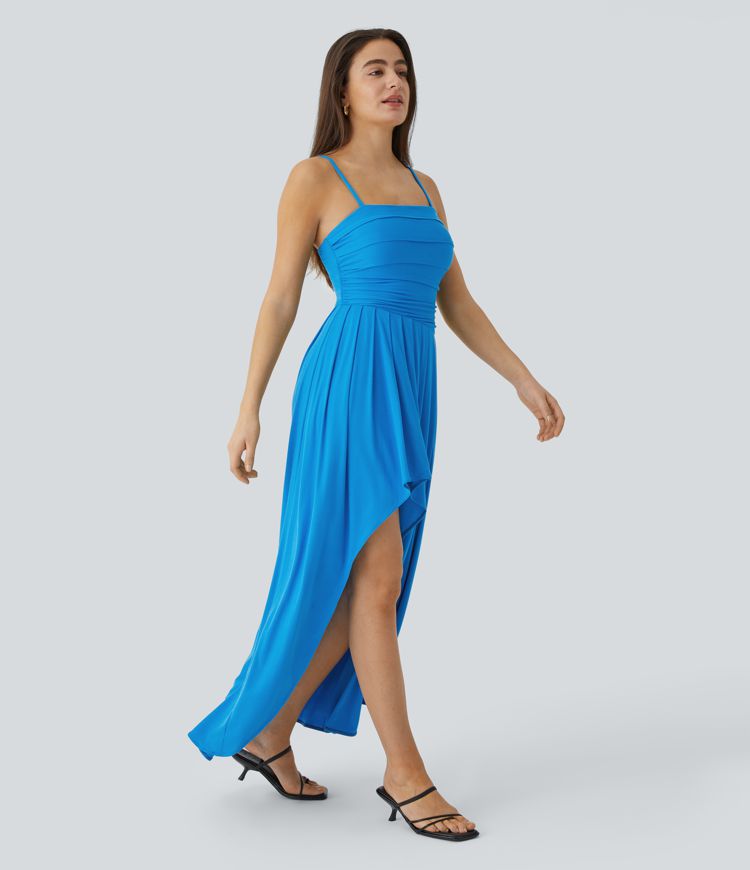 Ribbed Adjustable Strap Asymmetric Hem Flowy Maxi Party Slip Dress
