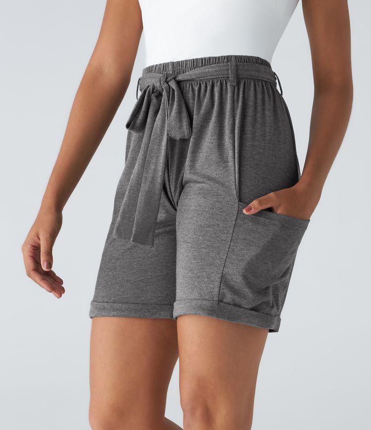 High Waisted Belted Pocket Casual Shorts
