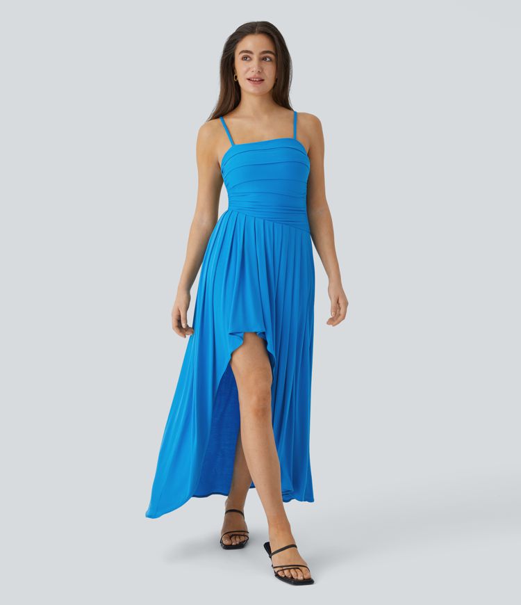 Geripptes, fließendes Maxi-Partykleid mit verstellbaren Trägern und aymmetrischem Saum