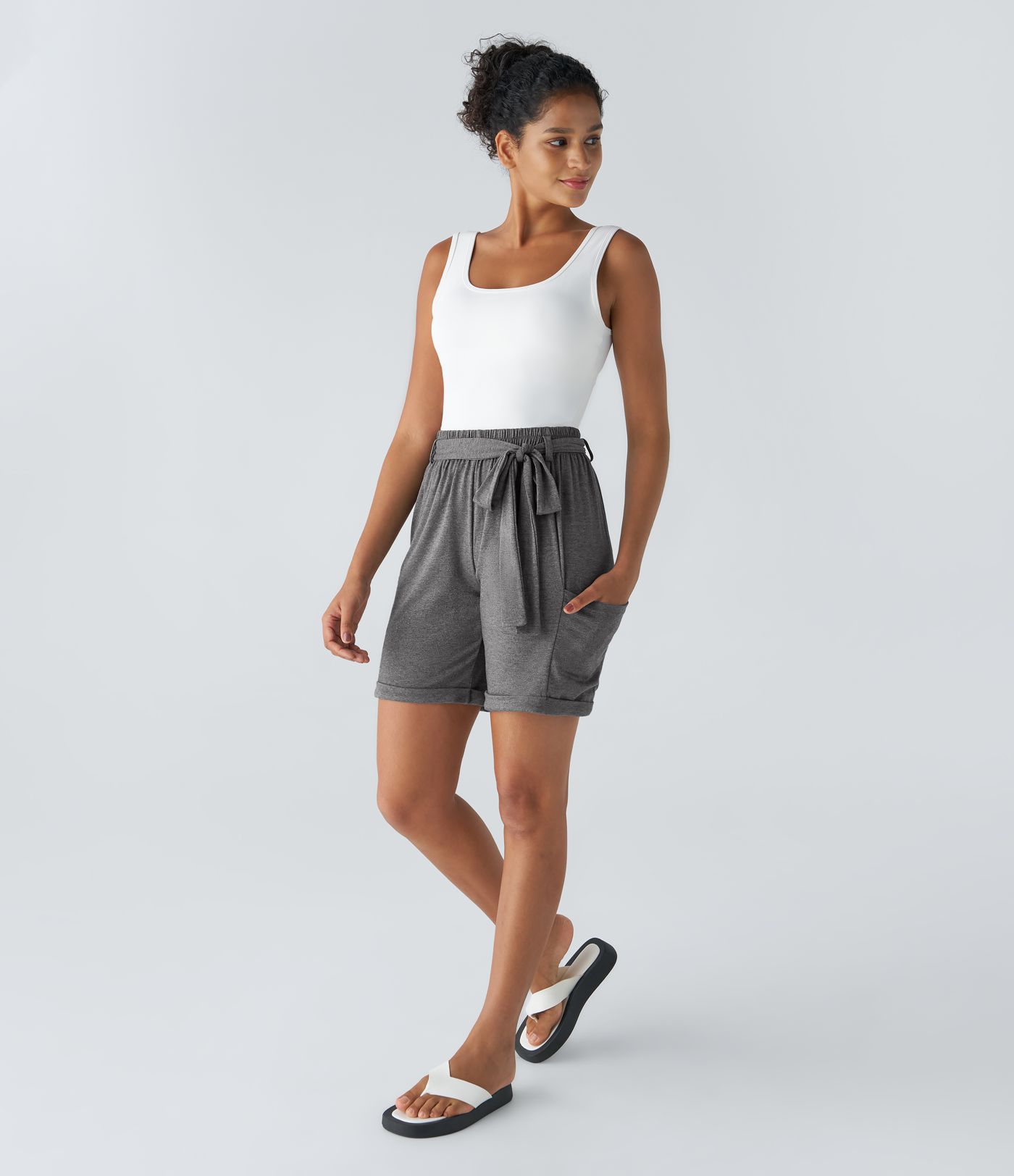 High Waisted Belted Pocket Casual Shorts