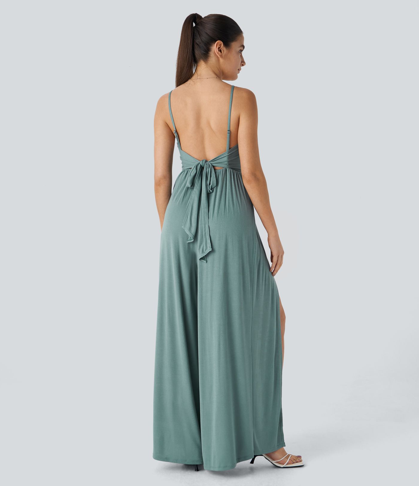 Ribbed V Neck Adjustable Strap Backless Tie Back Split 2-in-1 Resort Jumpsuit