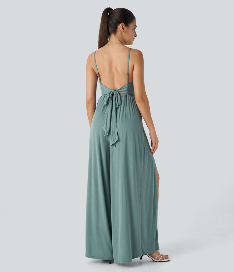 Ribbed V Neck Adjustable Strap Backless Tie Back Split 2-in-1 Resort Jumpsuit