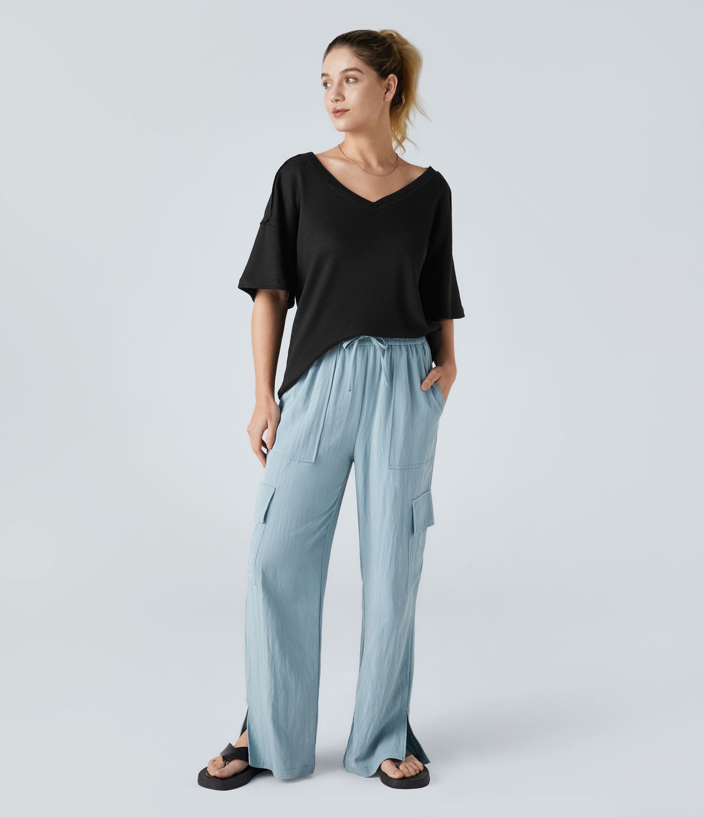 V Neck Dropped Shoulder Curved Hem Relaxed Waffle Casual T-Shirt