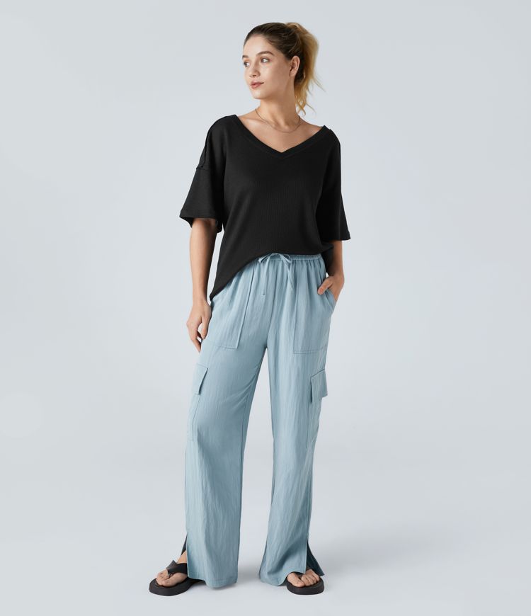 V Neck Dropped Shoulder Curved Hem Relaxed Waffle Casual T-Shirt