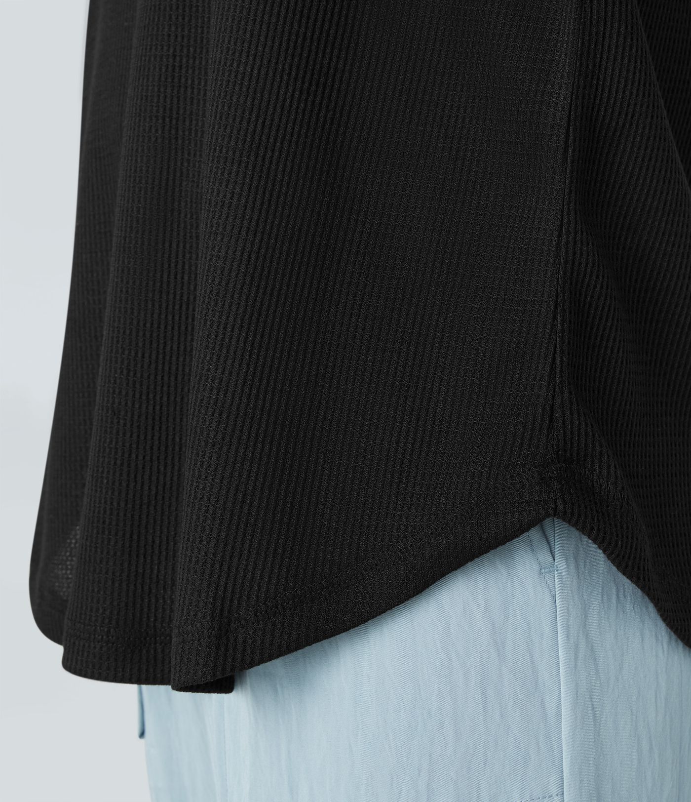 V Neck Dropped Shoulder Curved Hem Relaxed Waffle Casual T-Shirt