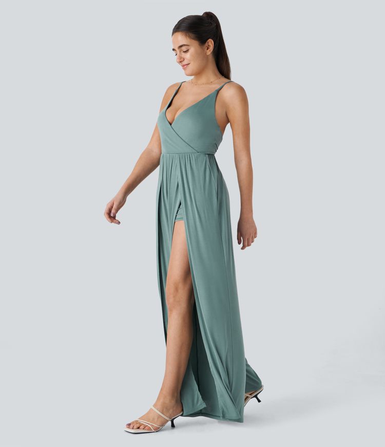 Ribbed V Neck Adjustable Strap Backless Tie Back Split 2-in-1 Resort Jumpsuit