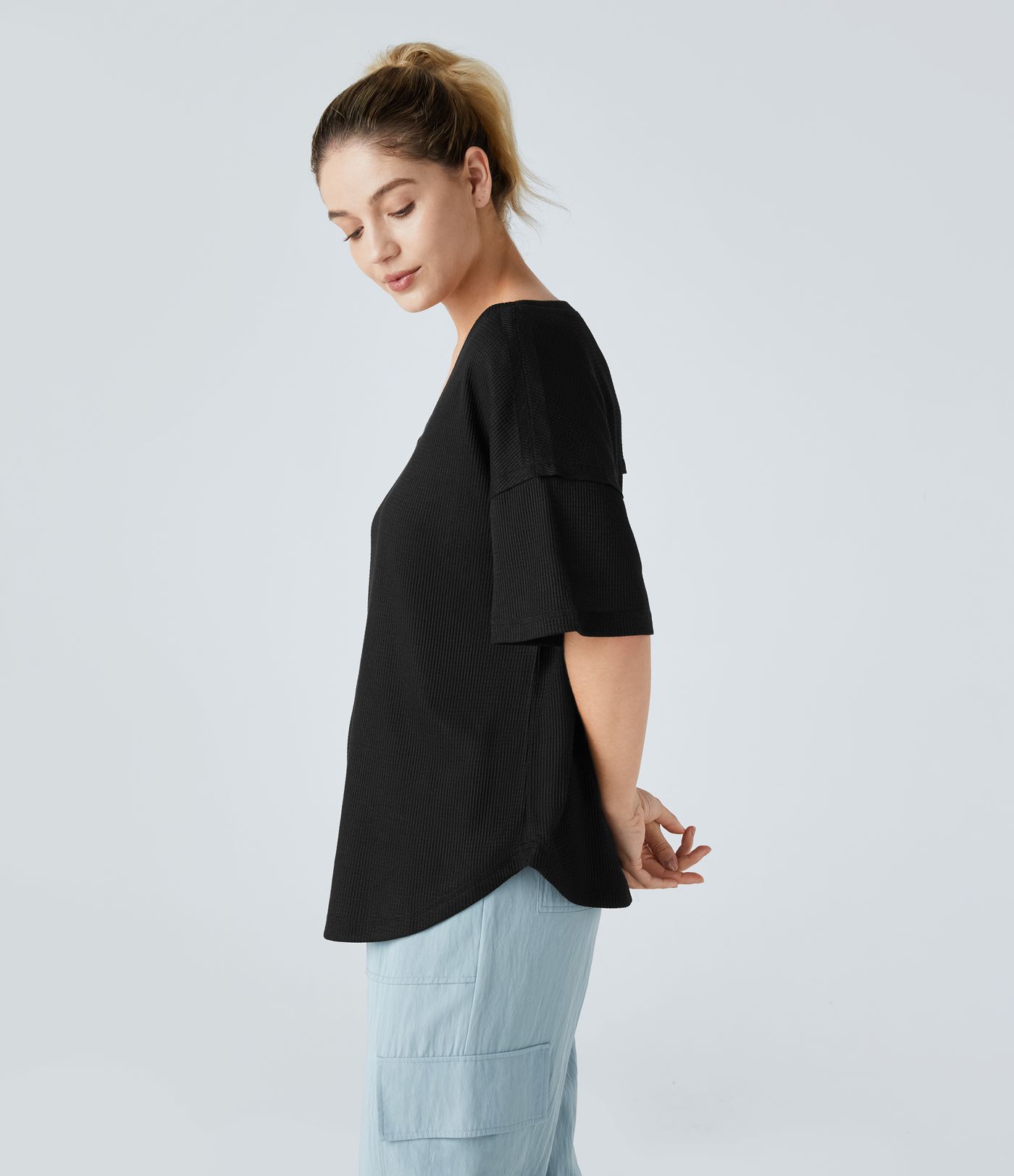 V Neck Dropped Shoulder Curved Hem Relaxed Waffle Casual T-Shirt