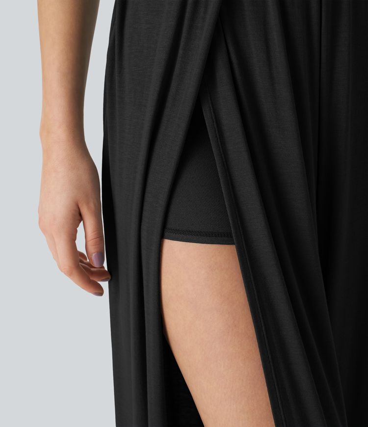 Ribbed V Neck Tie Back 2-in-1 Jumpsuit