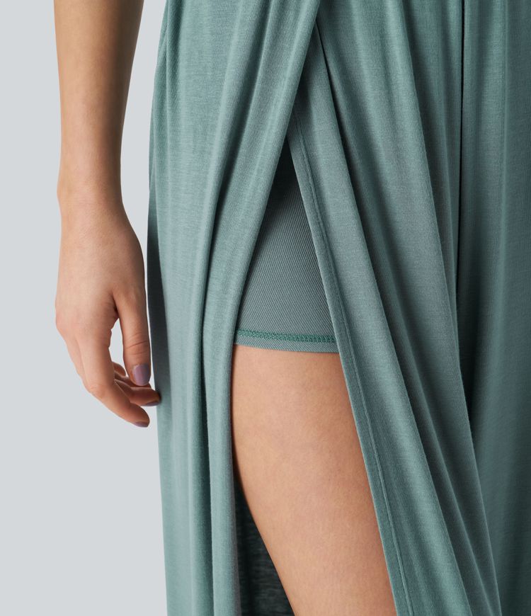 Ribbed V Neck Adjustable Strap Backless Tie Back Split 2-in-1 Resort Jumpsuit