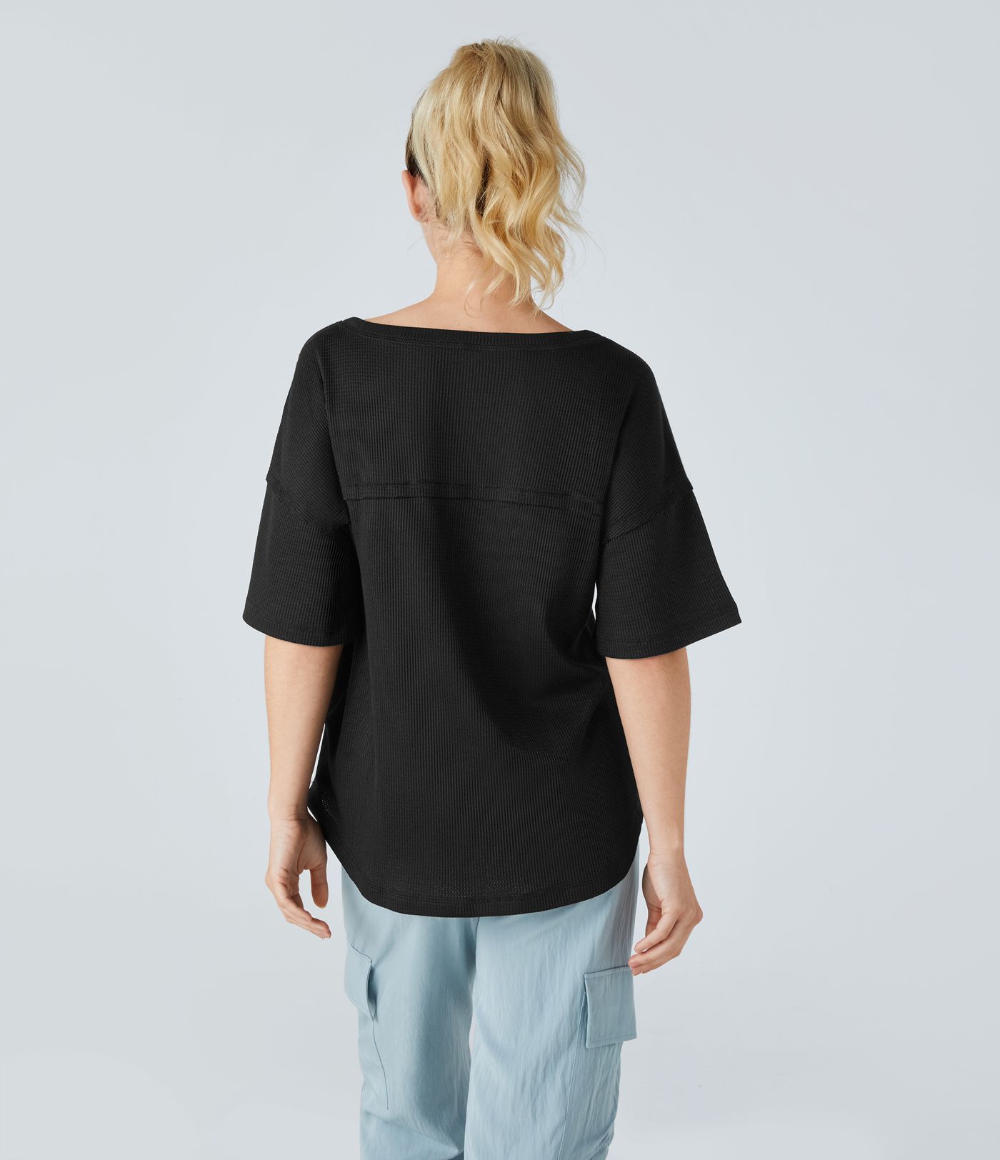 V Neck Dropped Shoulder Curved Hem Relaxed Waffle Casual T-Shirt