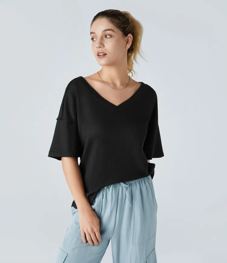 V Neck Dropped Shoulder Curved Hem Relaxed Waffle Casual T-Shirt