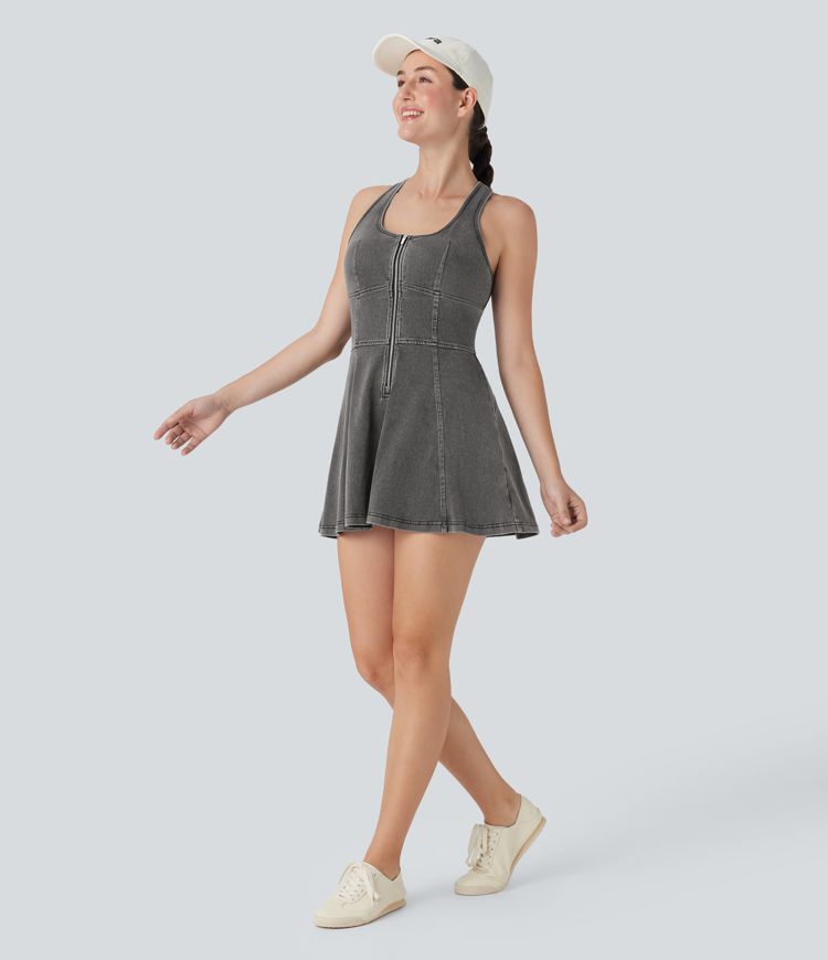 Halara Flex™ Racerback Sleeveless Half Zipper Mini Washed Denim Casual Dress Halara Flex™ Racerback Sleeveless Half Zipper Mini Washed Denim Casual Dress