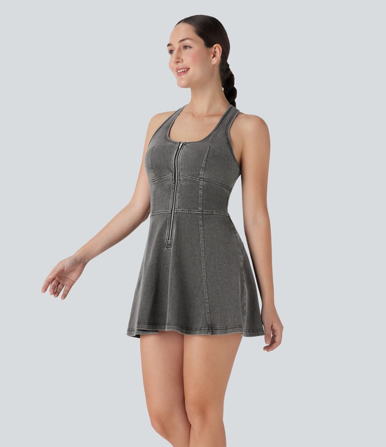 Halara Flex™ Racerback Sleeveless Half Zipper Mini Washed Denim Casual Dress Halara Flex™ Racerback Sleeveless Half Zipper Mini Washed Denim Casual Dress