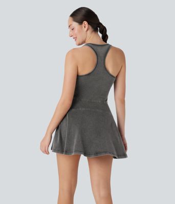 Halara Flex™ Racerback Sleeveless Half Zipper Mini Washed Denim Casual Dress Halara Flex™ Racerback Sleeveless Half Zipper Mini Washed Denim Casual Dress