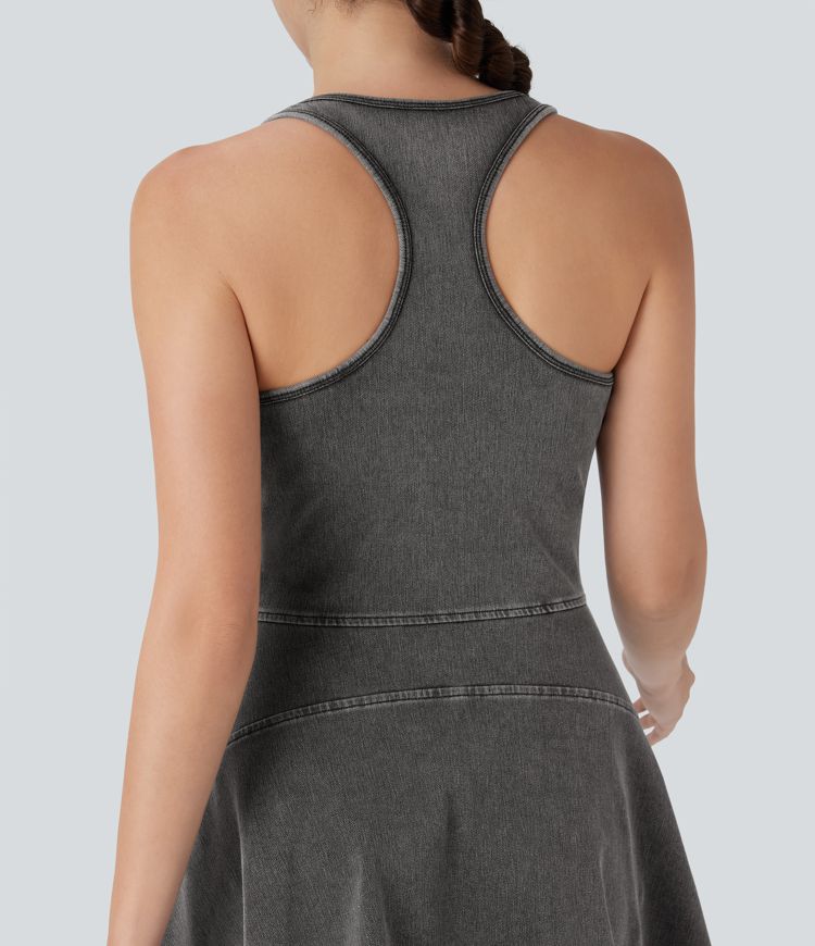 Halara Flex™ Racerback Sleeveless Half Zipper Mini Washed Denim Casual Dress Halara Flex™ Racerback Sleeveless Half Zipper Mini Washed Denim Casual Dress
