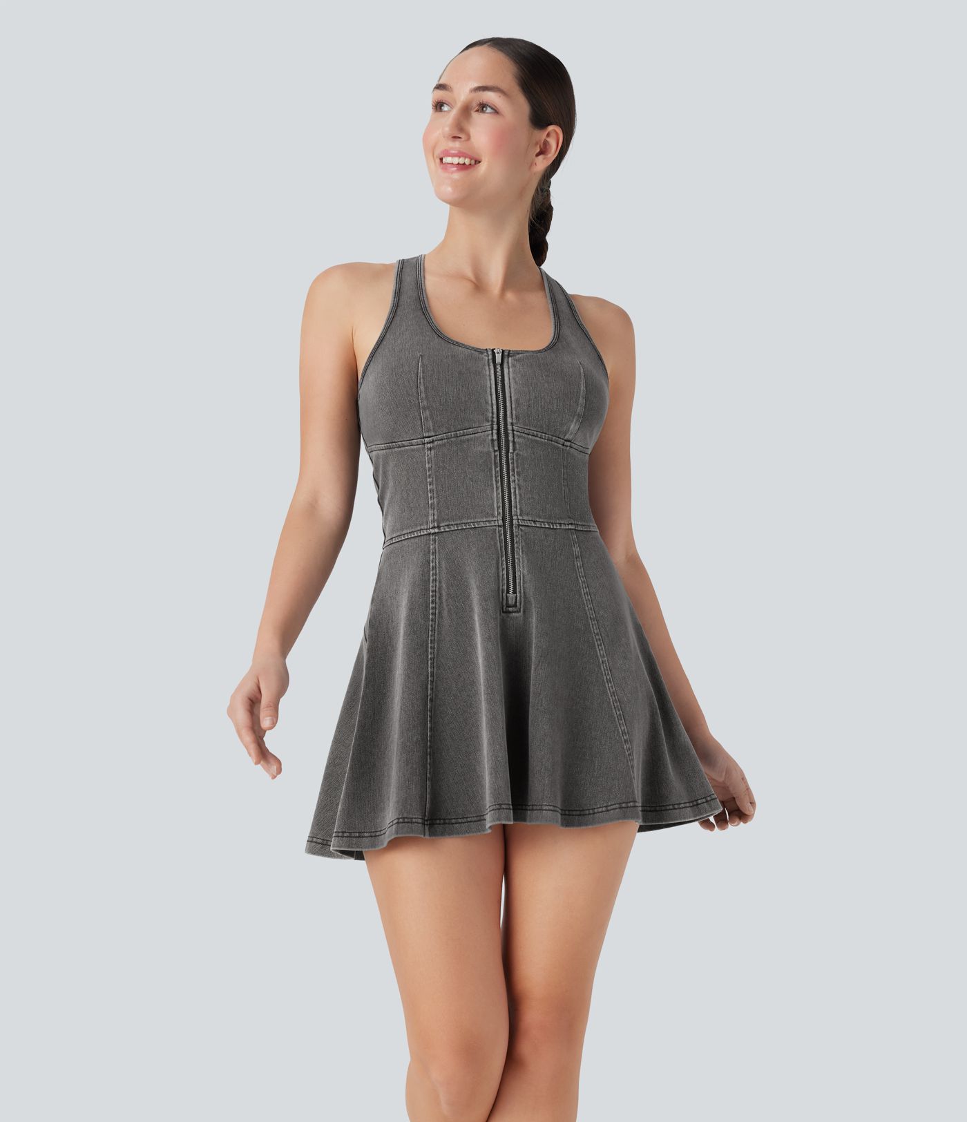 Halara Flex™ Racerback Sleeveless Half Zipper Mini Washed Denim Casual Dress Halara Flex™ Racerback Sleeveless Half Zipper Mini Washed Denim Casual Dress
