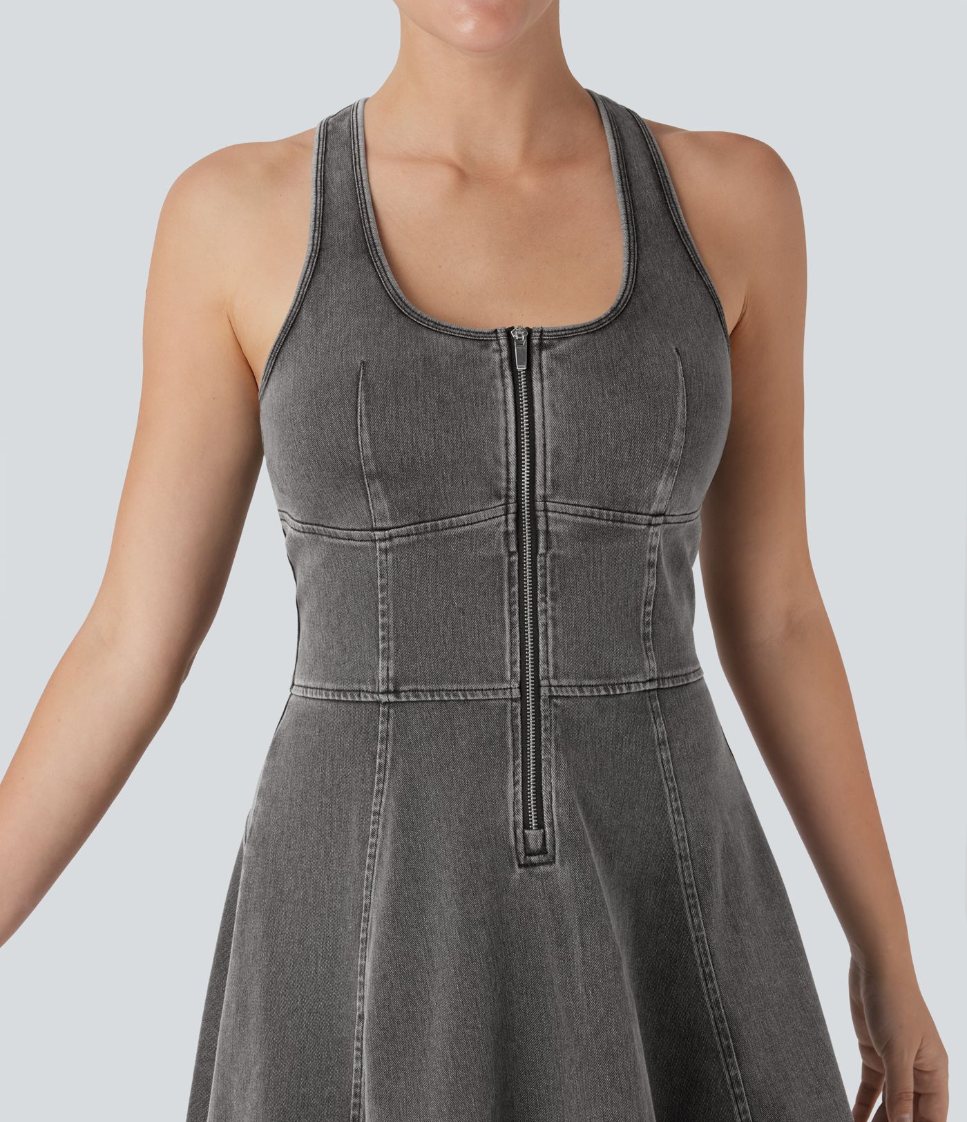 Halara Flex™ Racerback Sleeveless Half Zipper Mini Washed Denim Casual Dress Halara Flex™ Racerback Sleeveless Half Zipper Mini Washed Denim Casual Dress