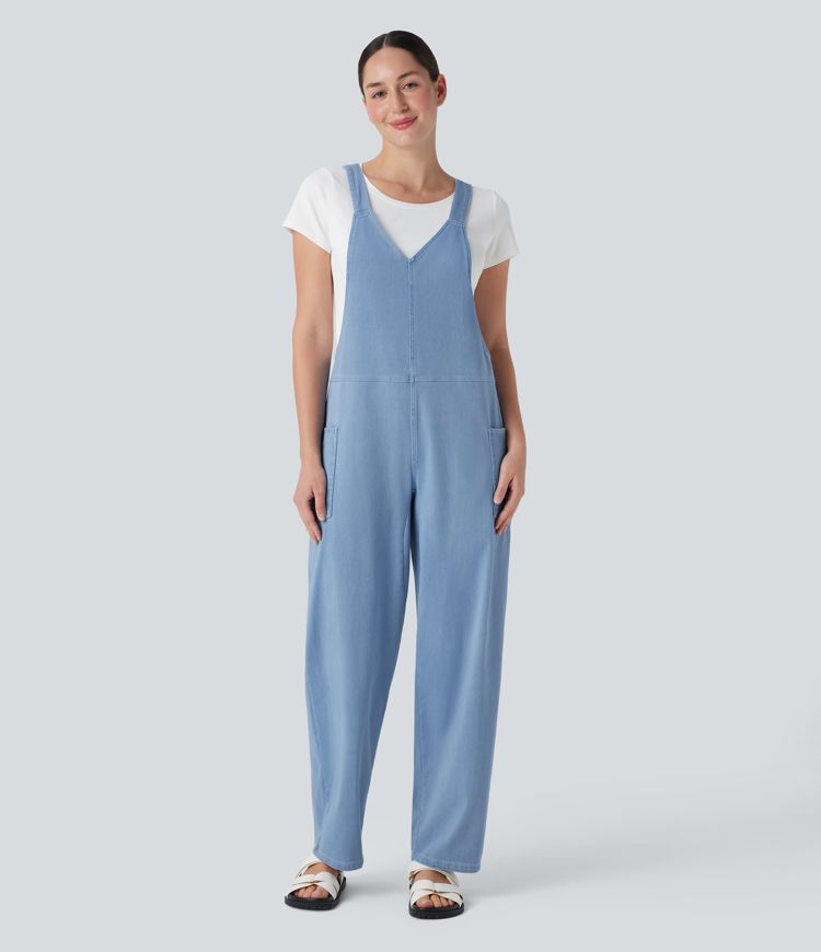 Halara Flex™ V Neck Pocket Washed Denim Casual Overalls
