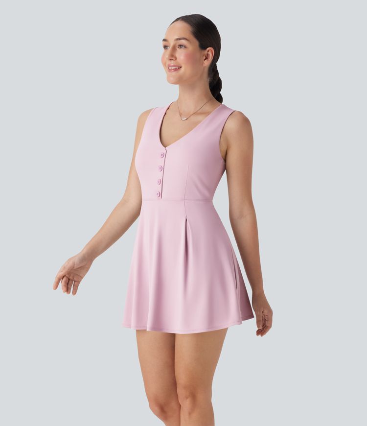 V Neck Sleeveless Decorative 2-Piece Mini Casual Dress with Pocket