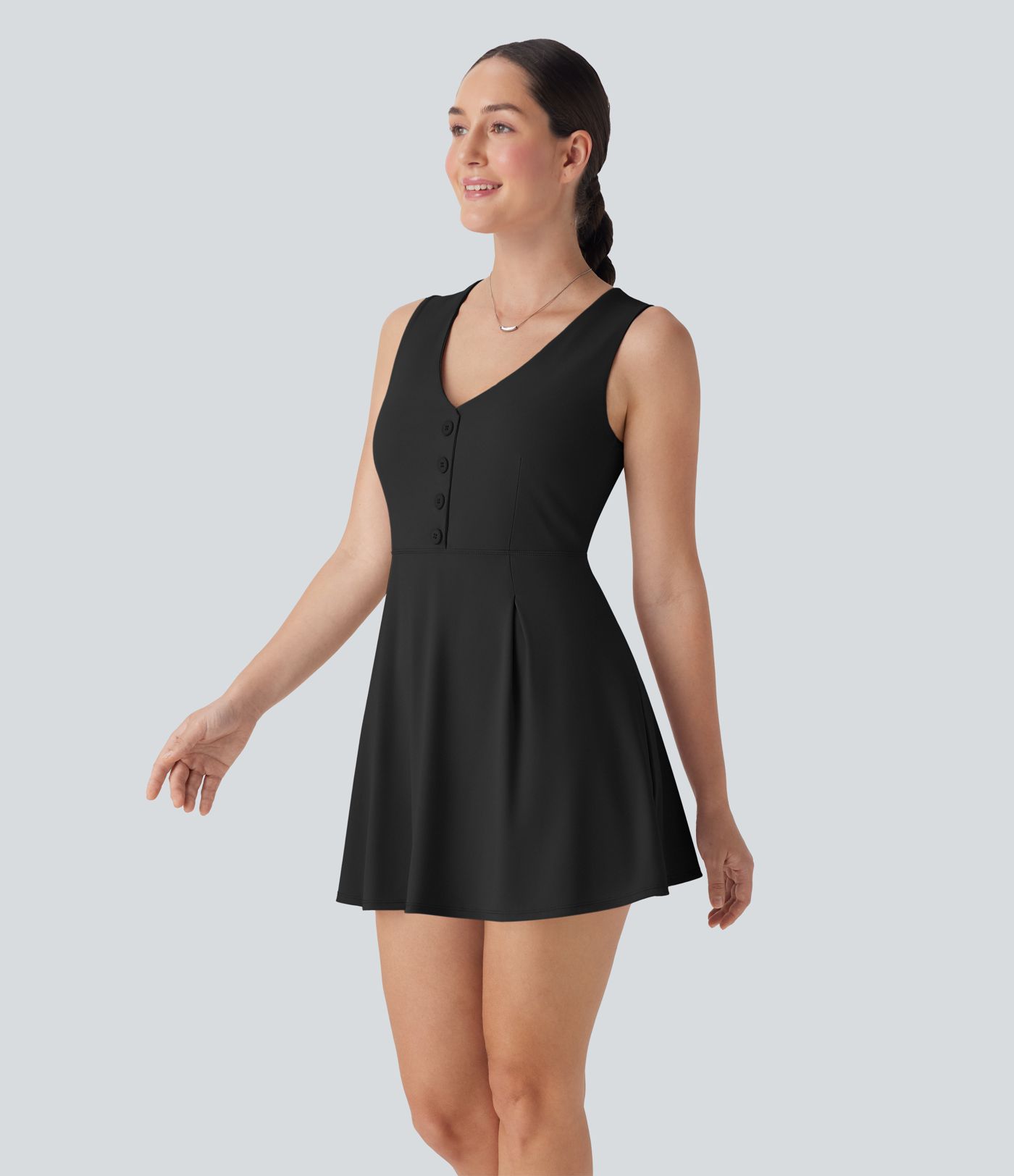 V-Ausschnitt Ärmelloses Dekoratives 2-Teiliges Mini Casual Kleid mit Tasche