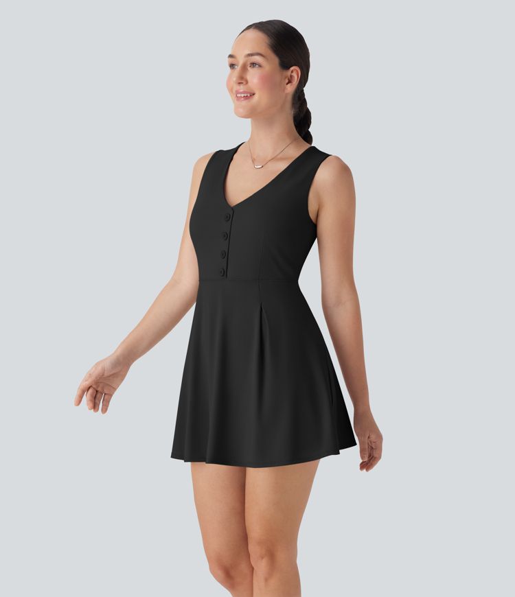 V-Ausschnitt Ärmelloses Dekoratives 2-Teiliges Mini Casual Kleid mit Tasche