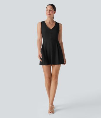 V-Ausschnitt Ärmelloses Dekoratives 2-Teiliges Mini Casual Kleid mit Tasche