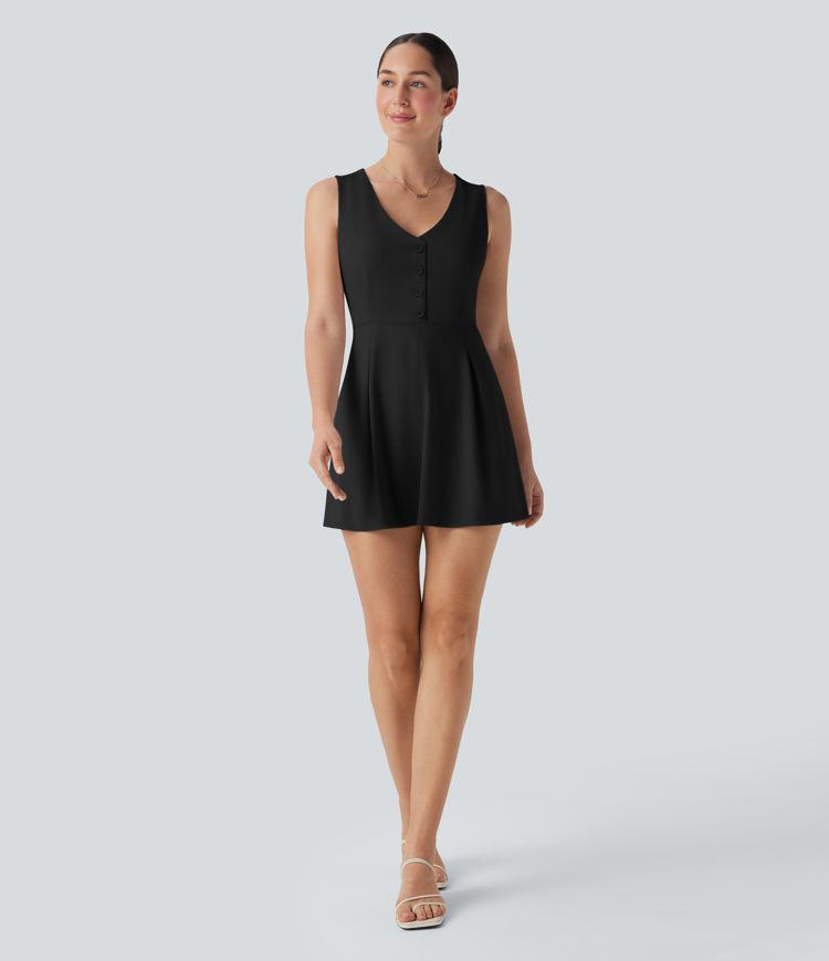 V-Ausschnitt Ärmelloses Dekoratives 2-Teiliges Mini Casual Kleid mit Tasche