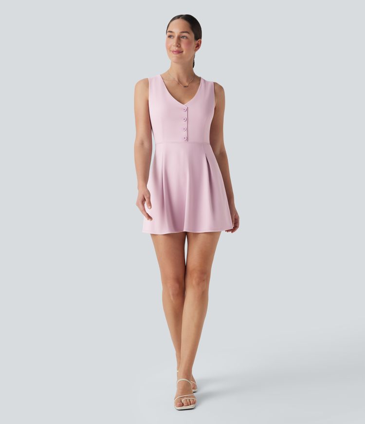 V Neck Sleeveless Decorative 2-Piece Mini Casual Dress with Pocket