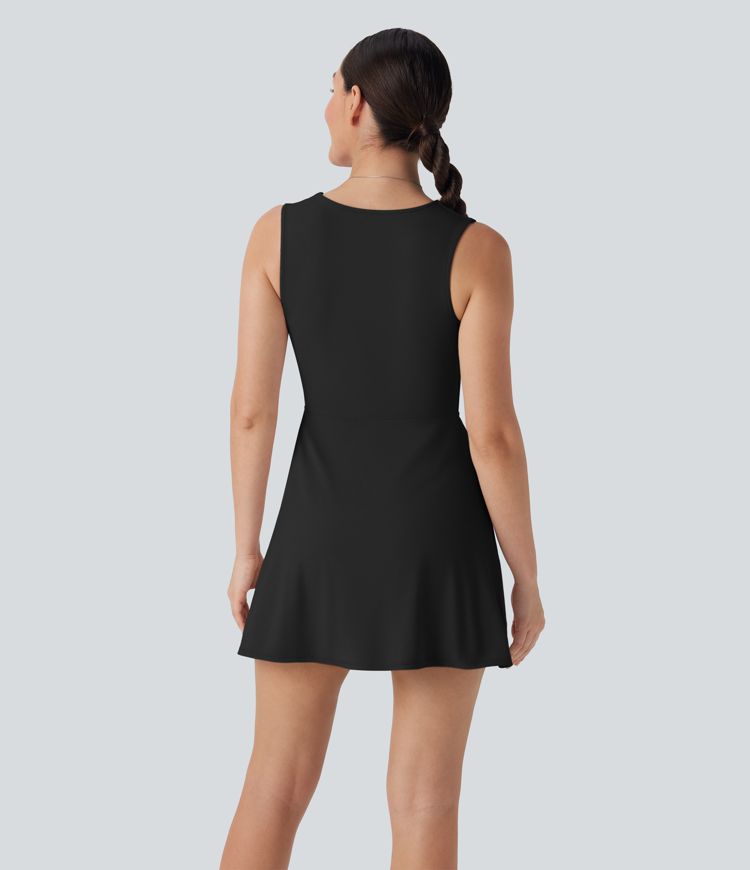 V-Ausschnitt Ärmelloses Dekoratives 2-Teiliges Mini Casual Kleid mit Tasche