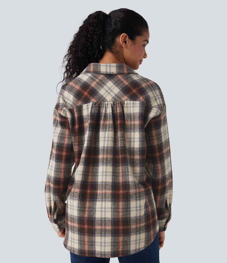 Plaid Curved Hem Casual Shirt Jacket with Flap Pockets
