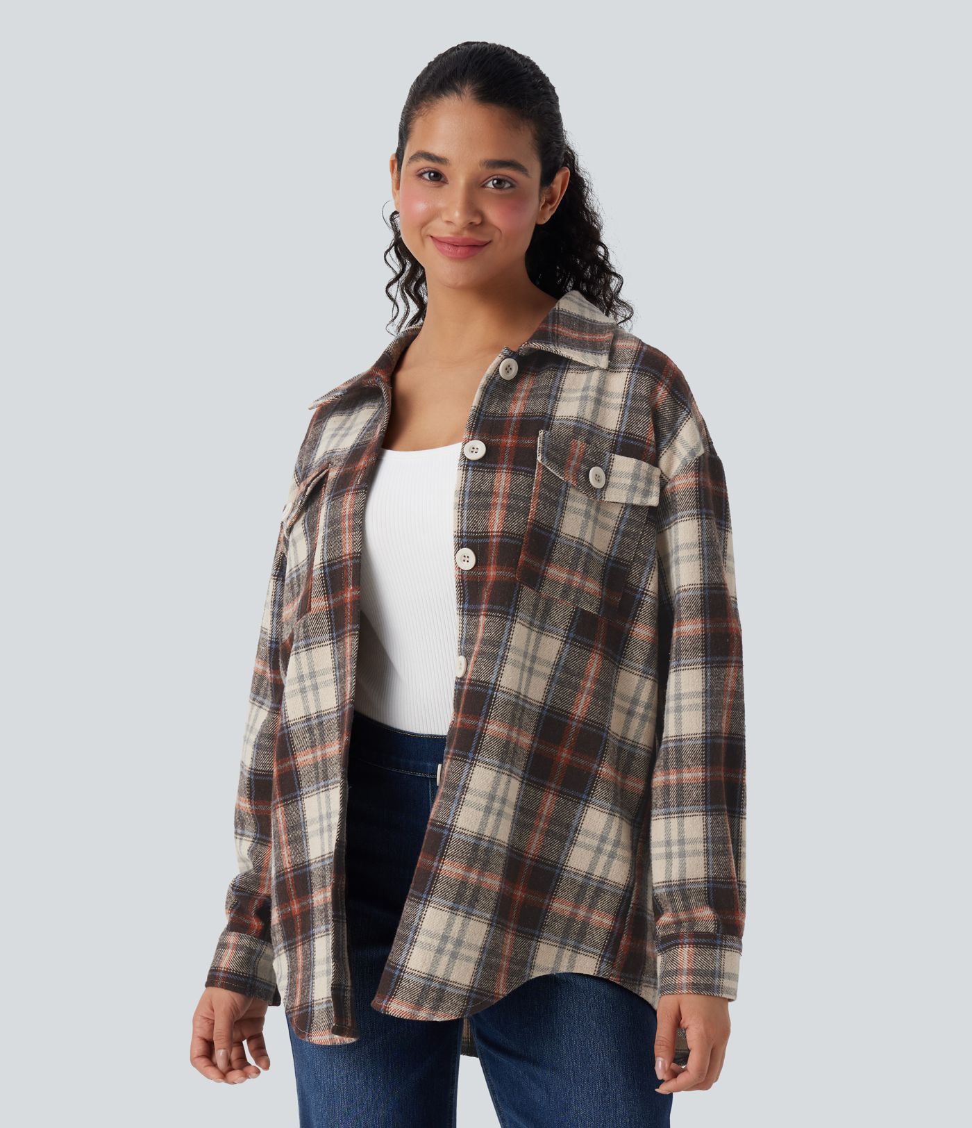Plaid Curved Hem Casual Shirt Jacket with Flap Pockets