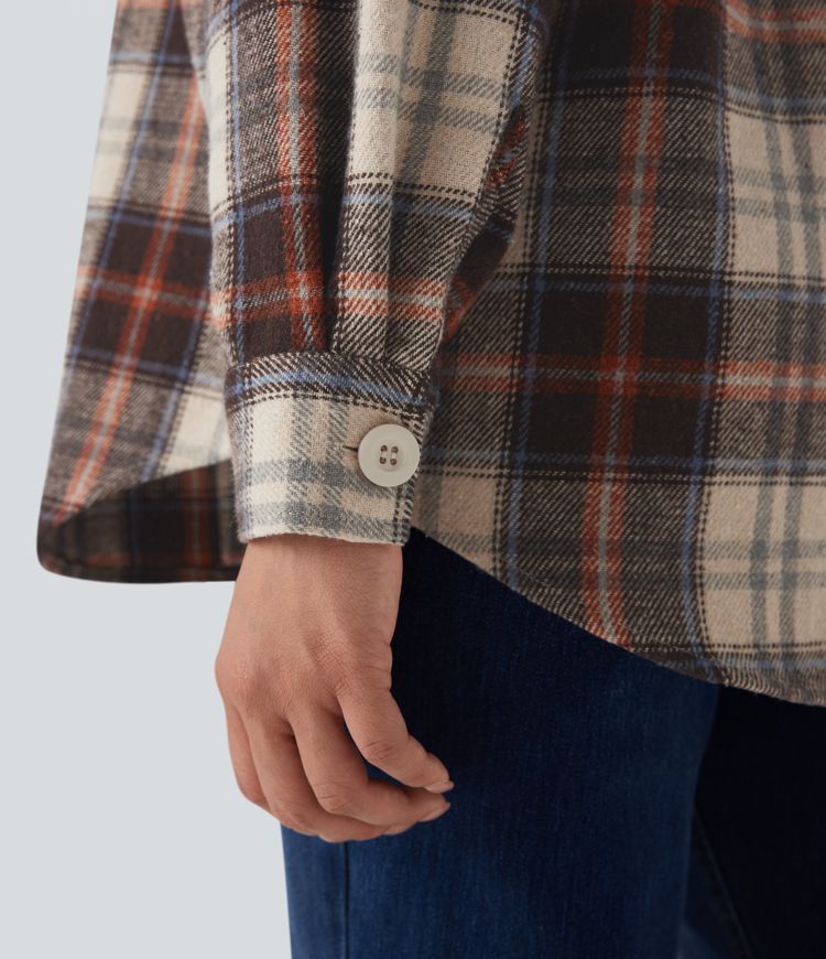 Plaid Curved Hem Casual Shirt Jacket with Flap Pockets